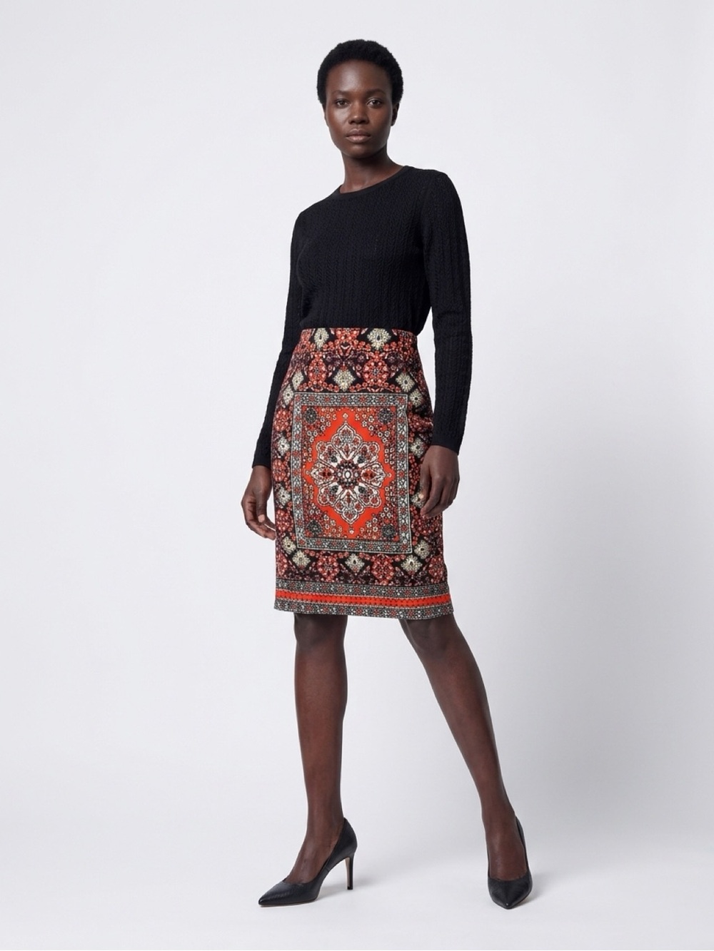 Chelsea & Theodore Persian-Inspired Patterned Red Mosaic Pencil Skirt